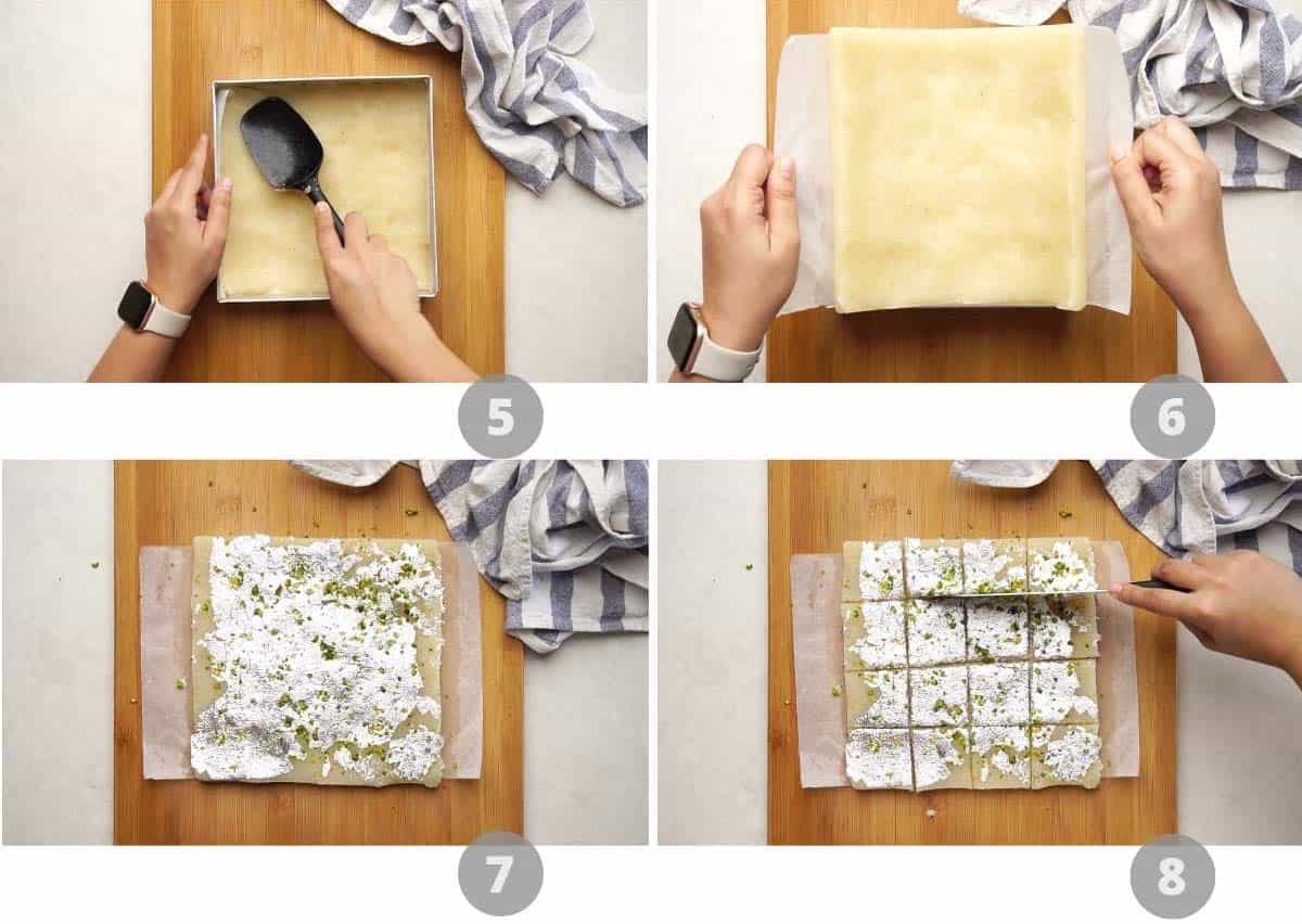 Step by step picture collage showing how to make coconut barfi