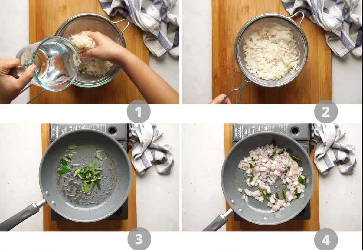 Step by step picture collage showing how to make Kanda Batata Poha