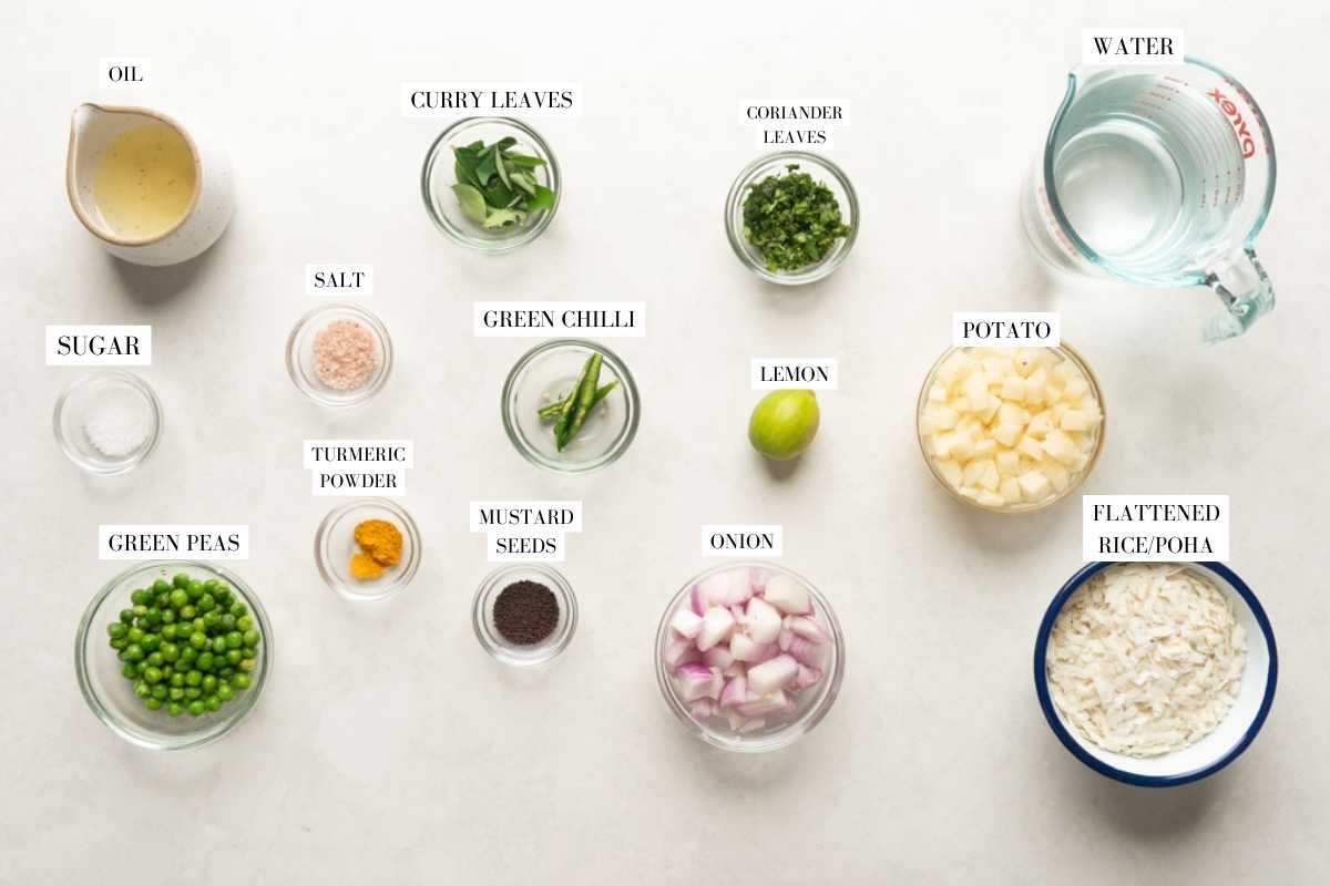 Picture of all the ingredients for poha with text to identify them