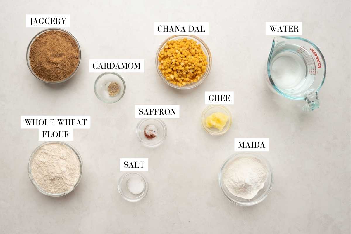 Picture of all the ingredients for puran poli with text to identify them