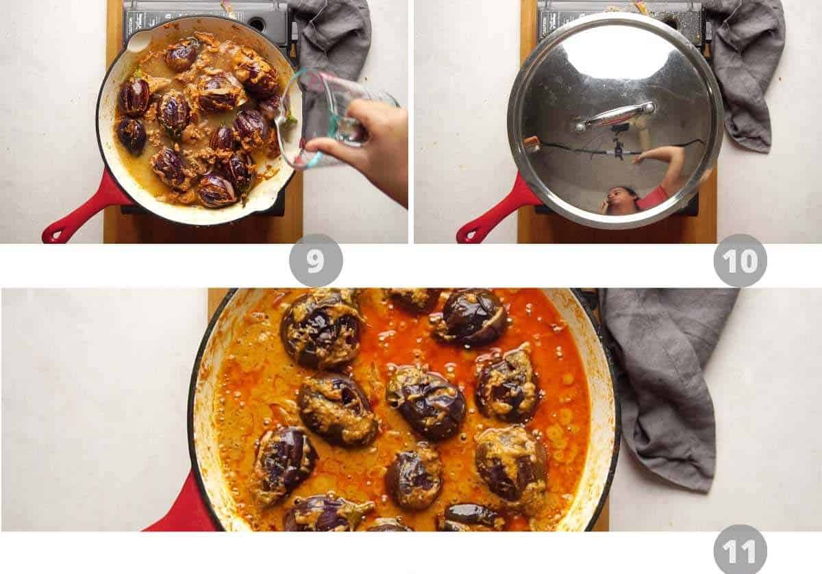 Step by step picture collage showing how to make stuffed brinjal curry