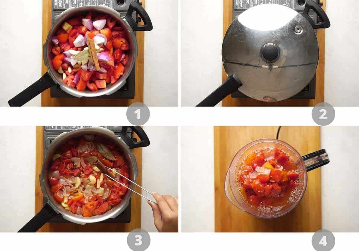 Step by step picture collage showing how to make tomato ketchup at home