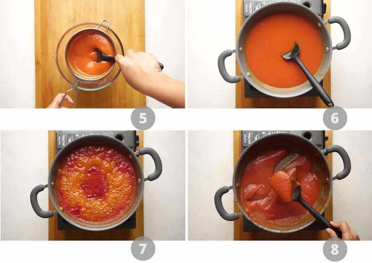 Step by step picture collage showing how to make tomato ketchup at home