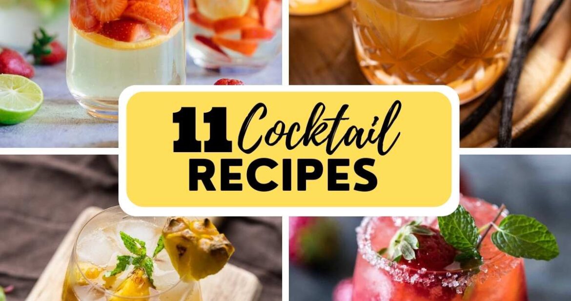 Picture collage showing four cocktail recipes photographs with text overlay