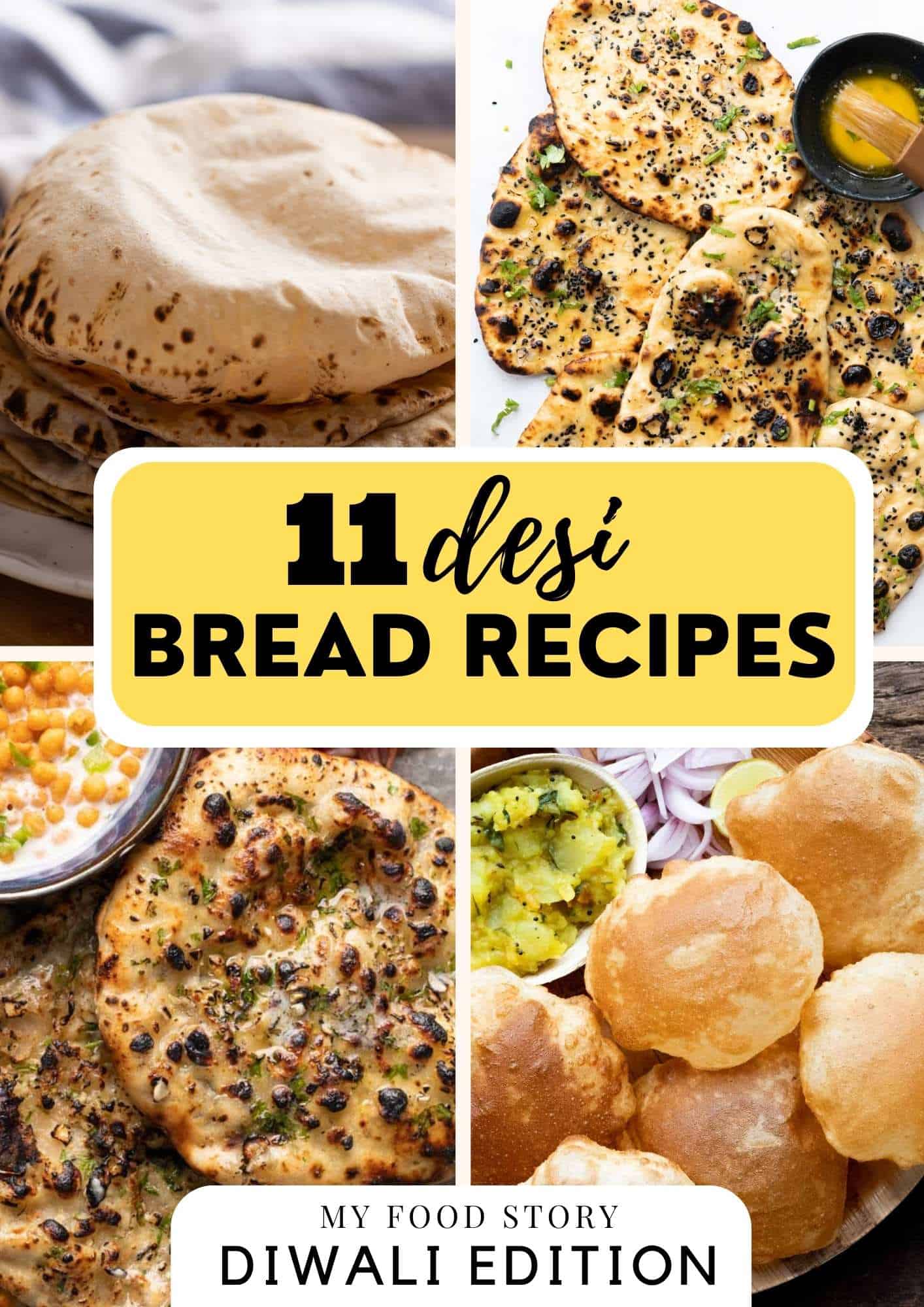 Picture collage showing four bread recipes photographs with text overlay