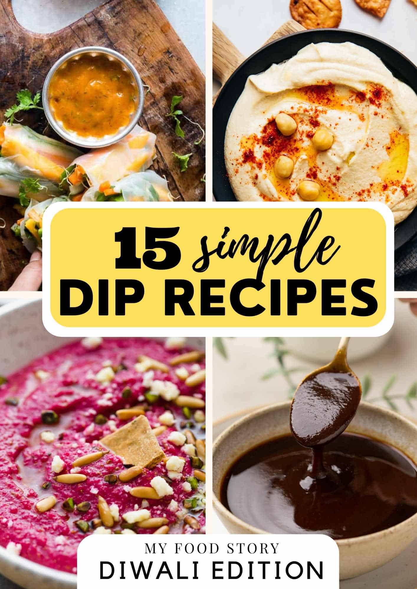 Picture collage showing four dip recipes photographs with text overlay