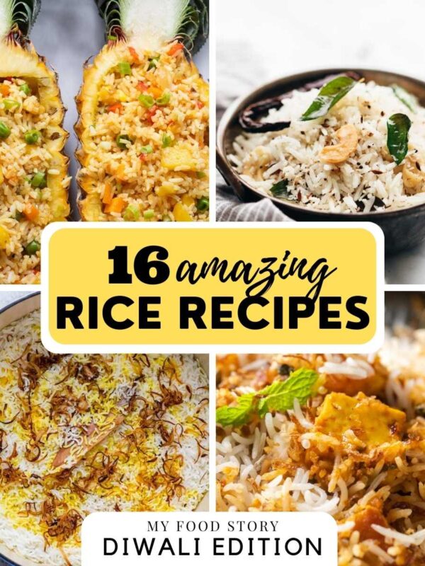 Picture collage showing four rice dishes photographs and text overlay