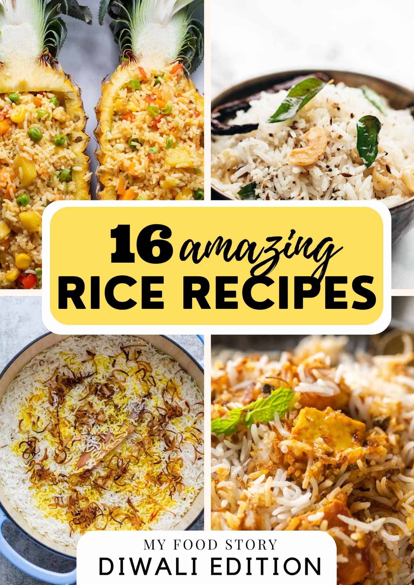 Picture collage showing four rice dishes photographs and text overlay