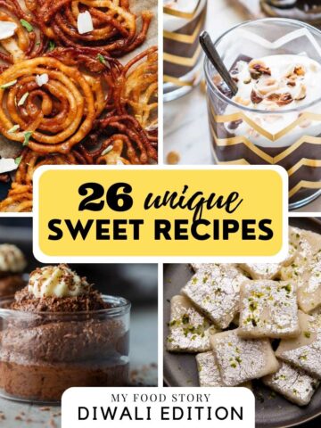 Picture collage showing four sweet recipes photographs with text overlay