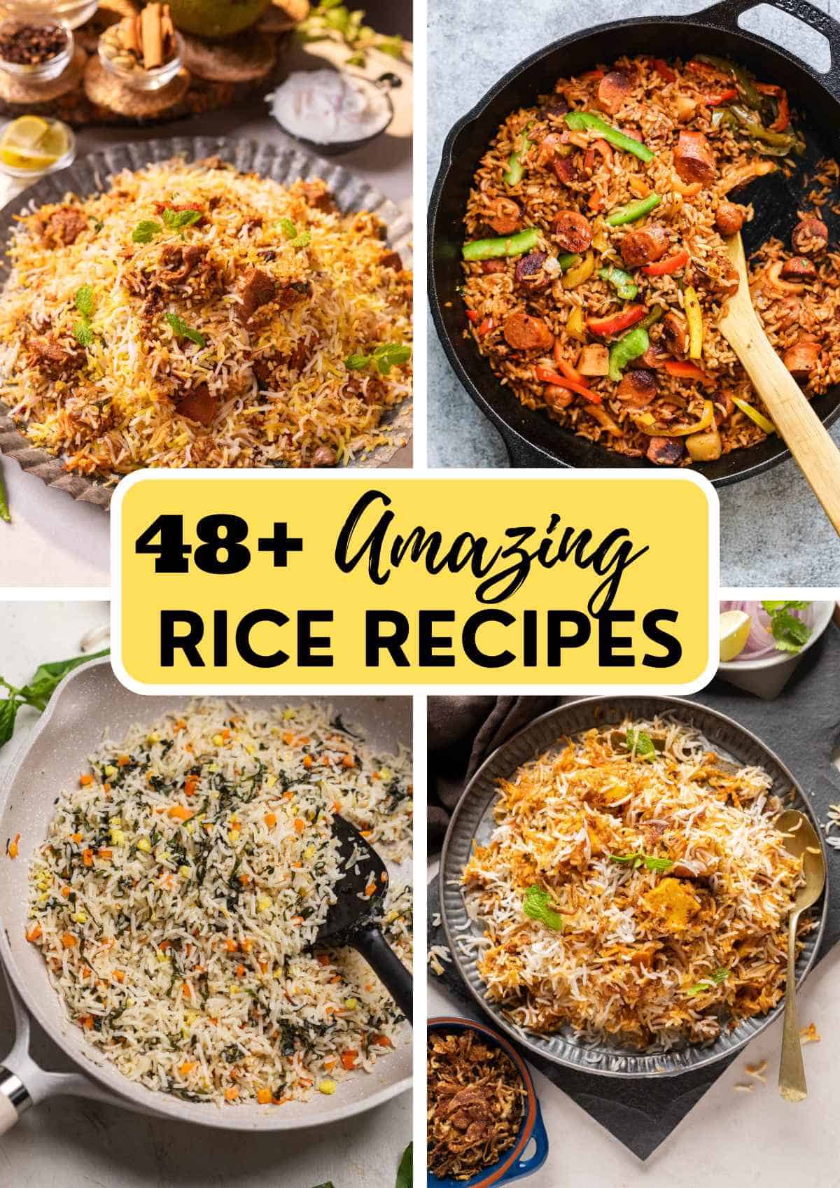 a collage of 4 rice recipes with text overlay