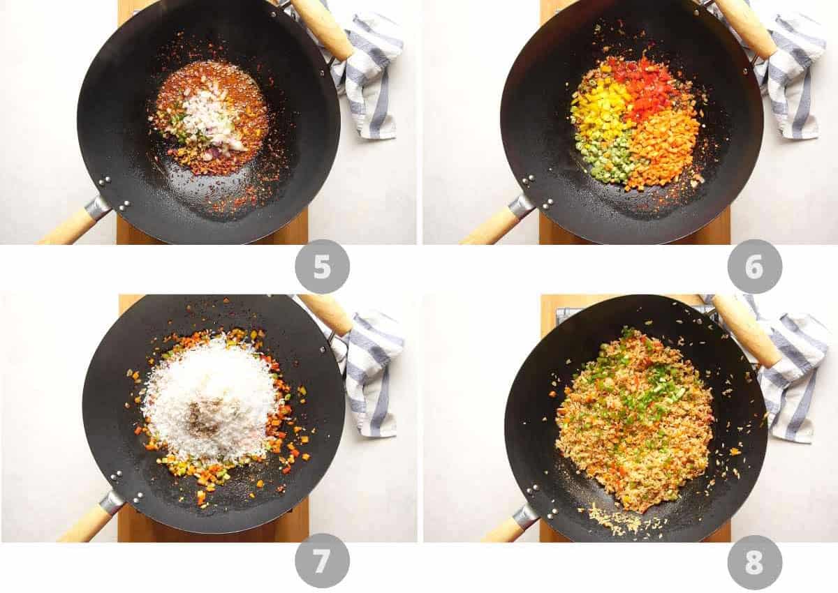 Step by step picture collage showing how to make chilli garlic fried rice