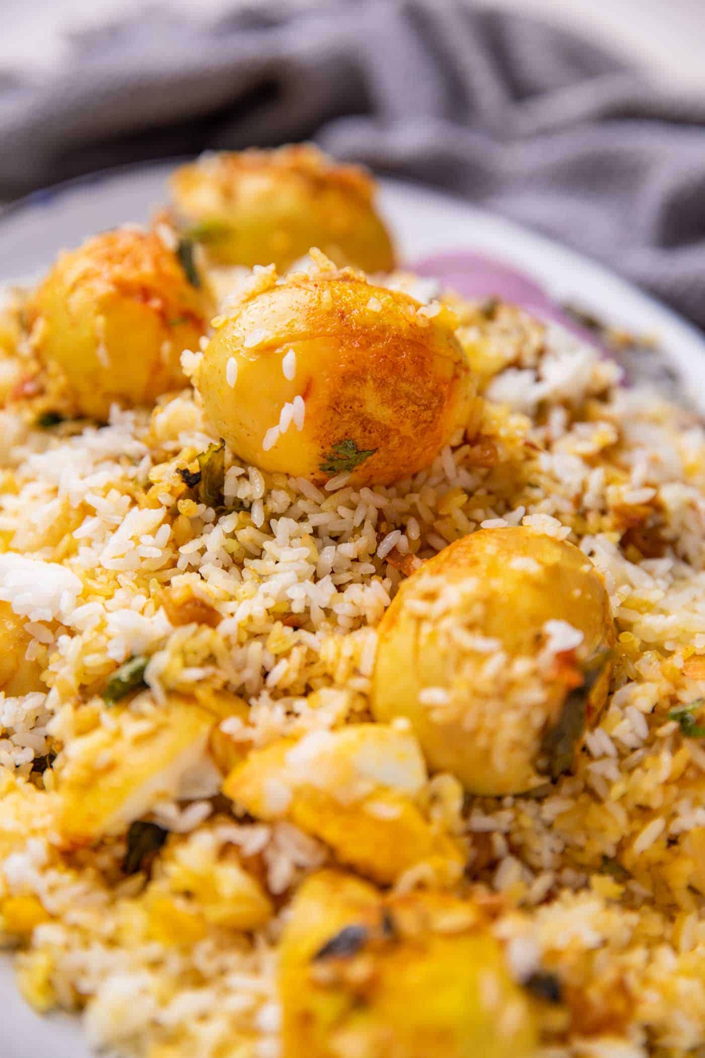 Closeup picture of egg biryani to show the fluffy texture of rice