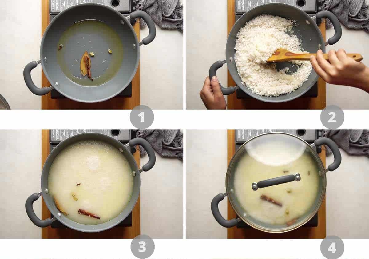 Step by step picture collage showing how to make egg biryani