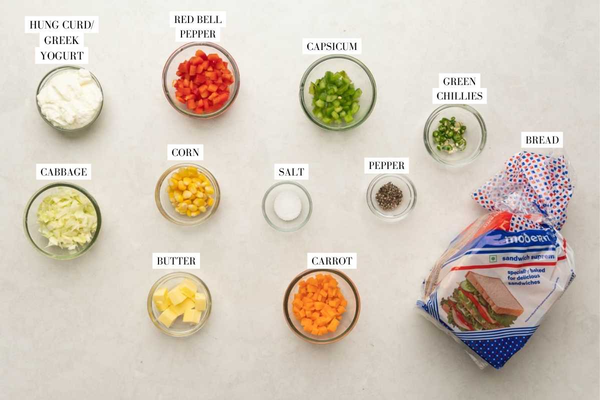 Picture of all the ingredients for dahi sandwich with text to identify them