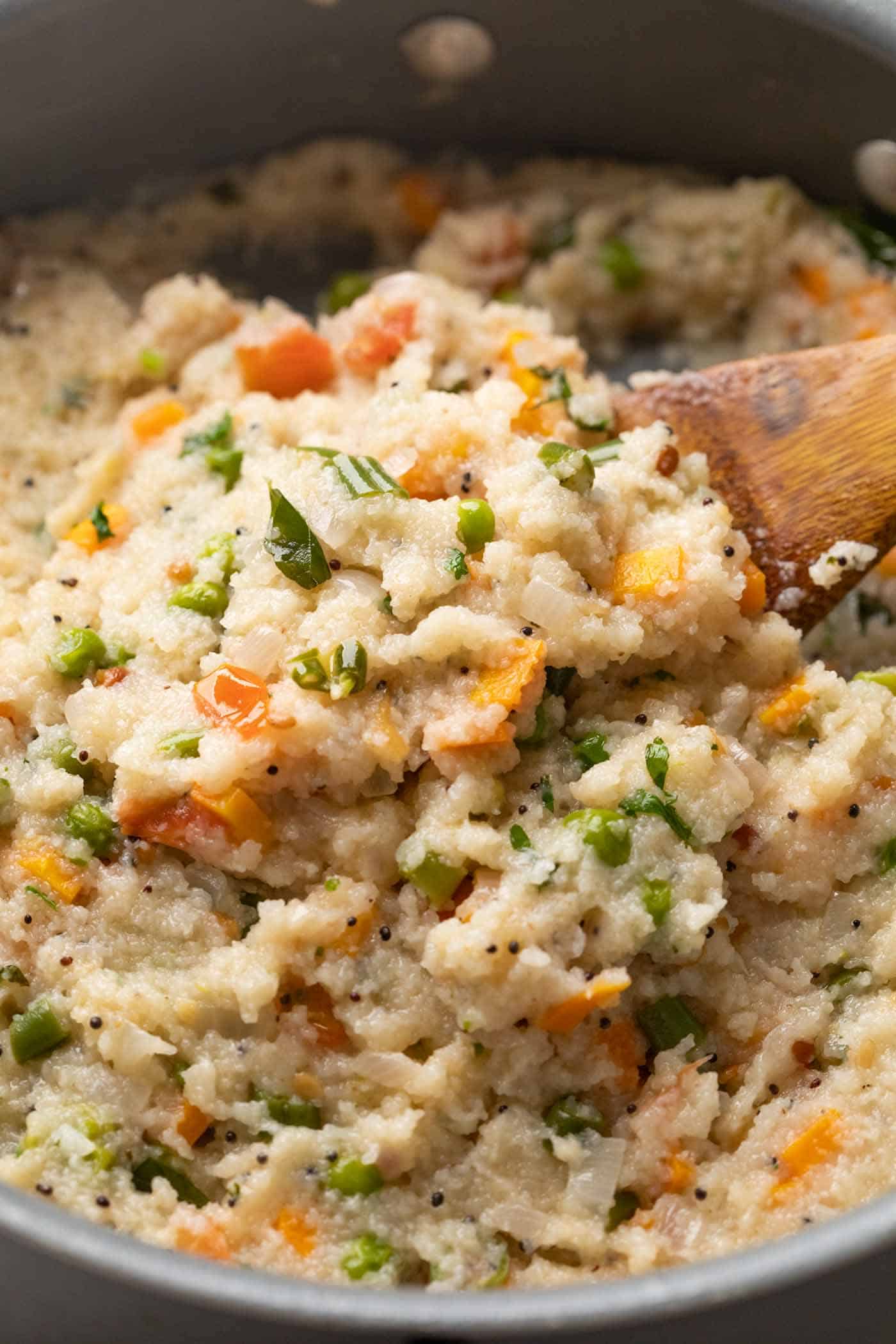 Close up of soft, fluffy upma in the pan