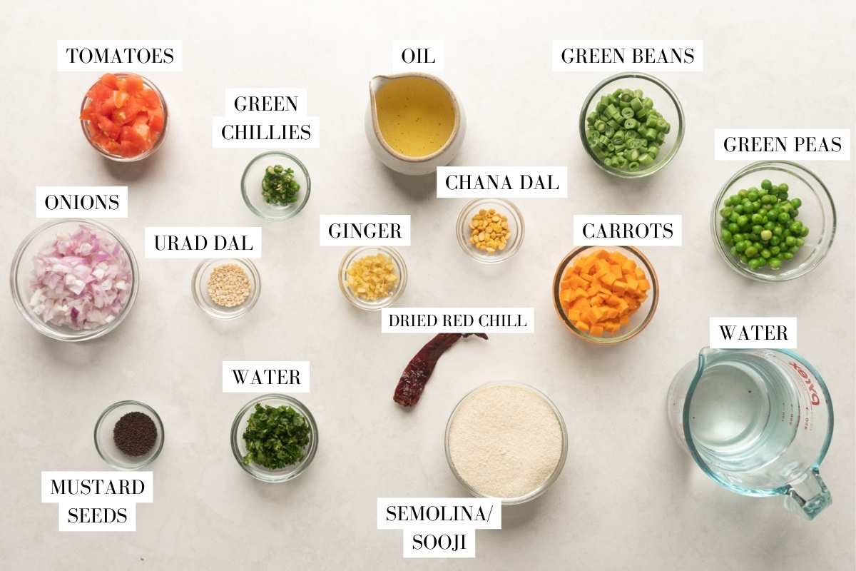 Picture of all the ingredients for upma laid out on a table with text overlay to identify them