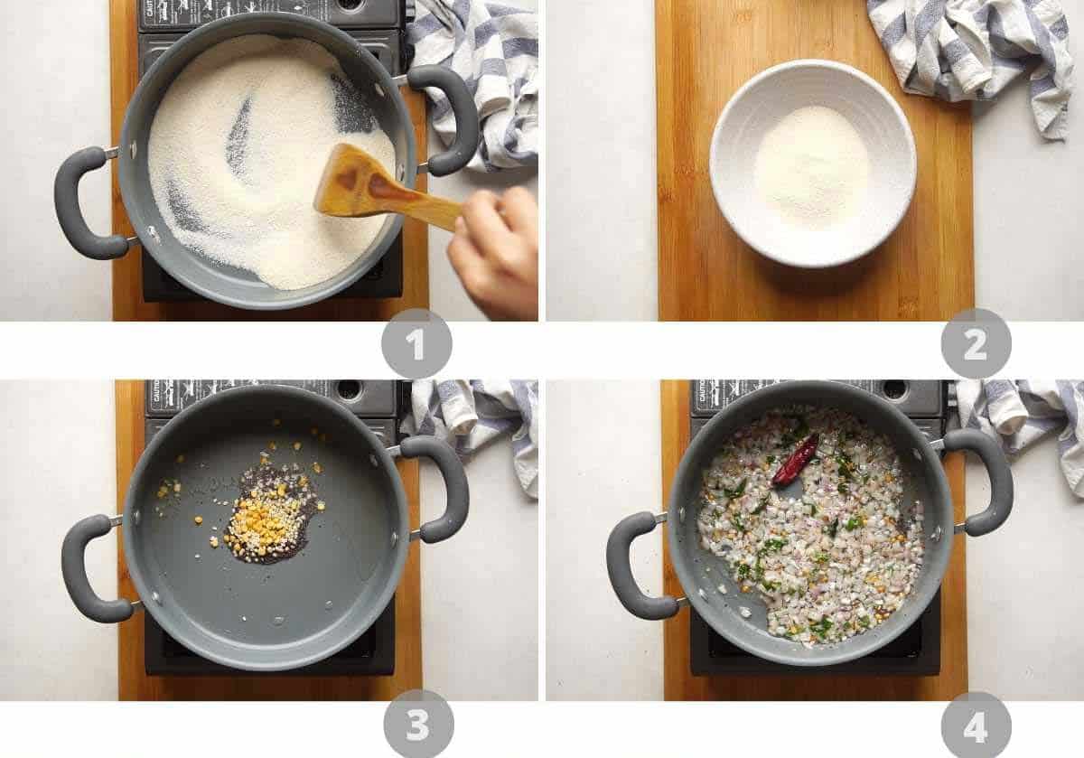 Step by step picture collage showing how to make upma