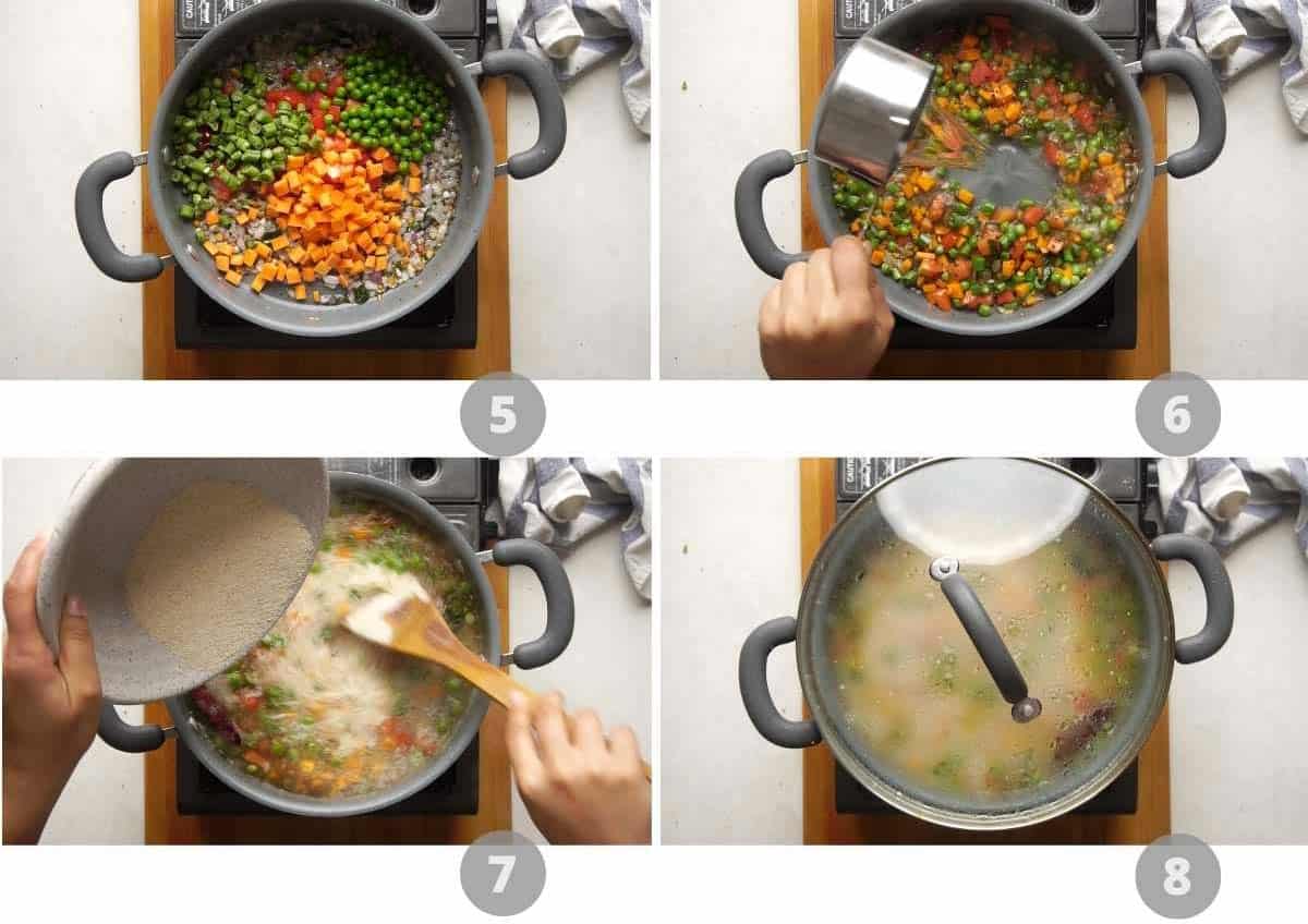 Step by step picture collage showing how to make upma