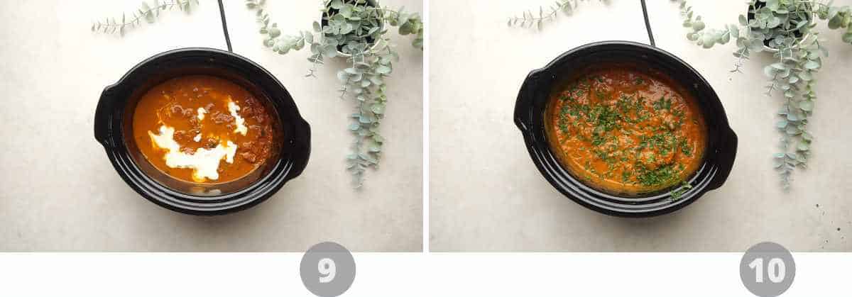 Step by step picture collage showing how to make slow cooker chicken tikka masala