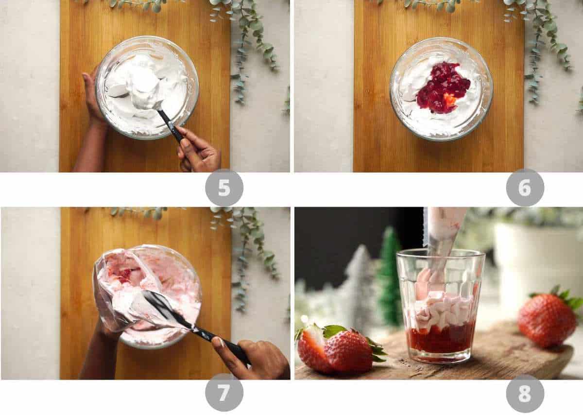 Step by step picture collage showing how to make strawberry mousse