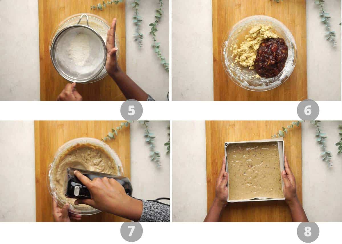 Step by step picture collage showing how to make sticky toffee pudding