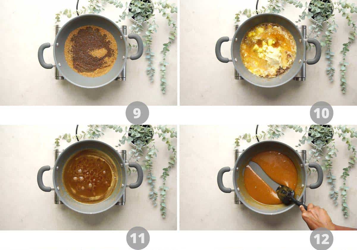 Step by step picture collage showing how to make sticky toffee pudding