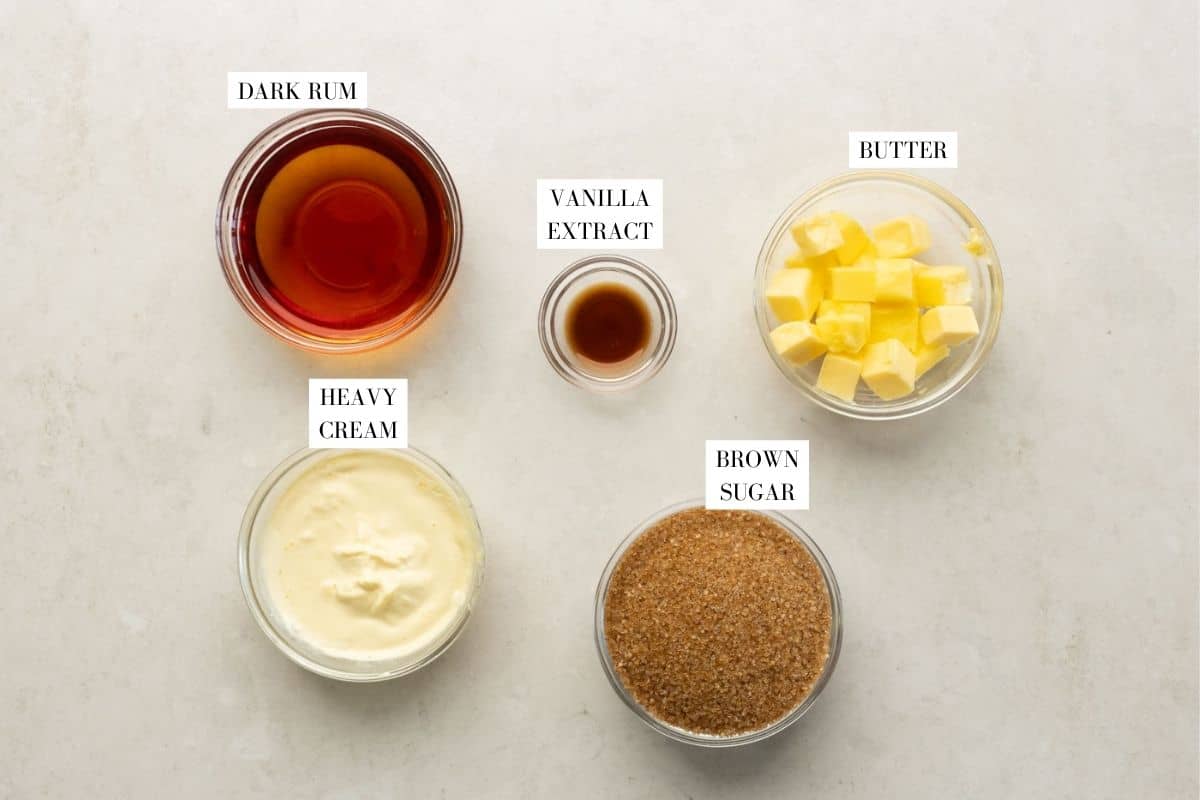 Picture of all the ingredients required for the toffee sauce with text to identify them
