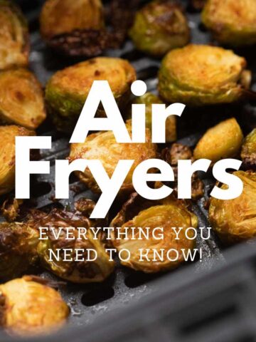 picture of roasted brussel sprouts in an air fryer with text overlaying