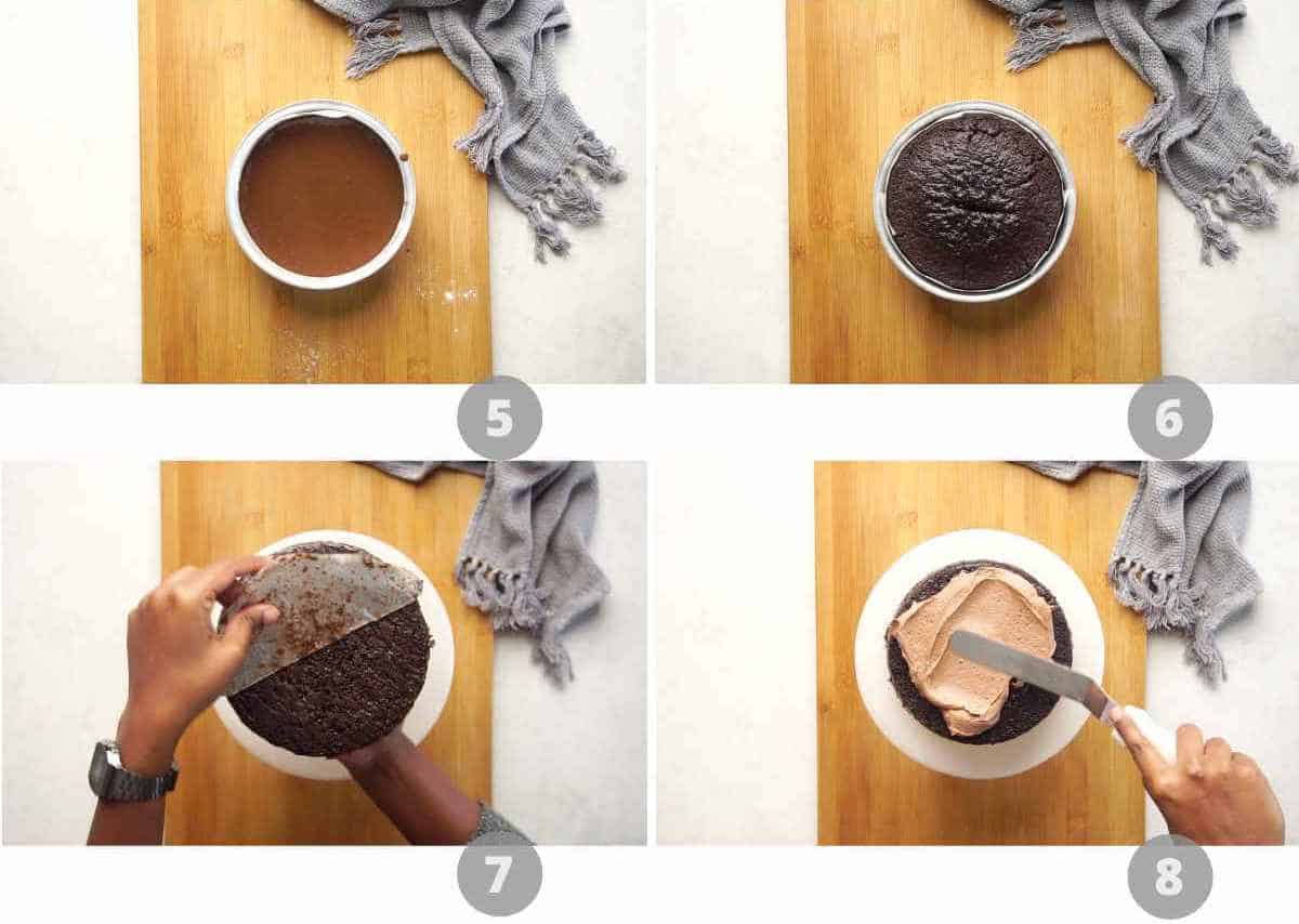Step by step picture collage showing how to make chocolate cake