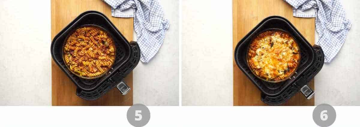 Step by step picture collage showing how to make air fryer baked pasta