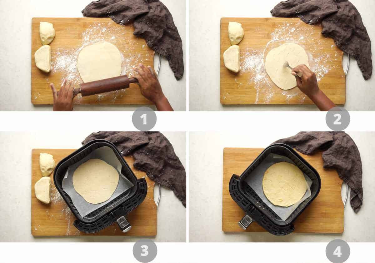 Step by step picture collage showing how to make air fryer baked pizza