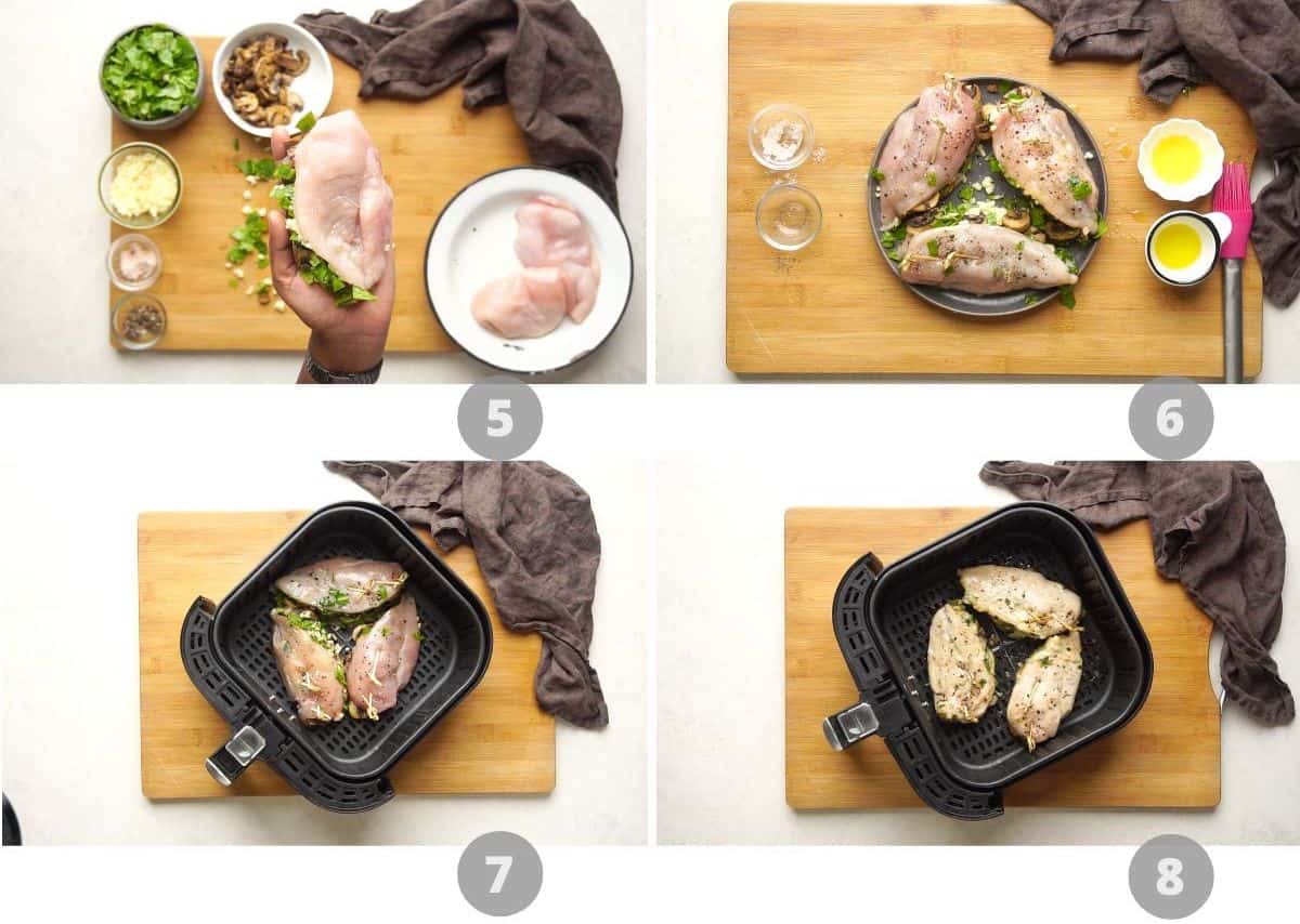 Step by step picture collage showing how to make stuffed chicken breast