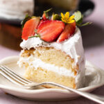 A slice of eggless vanilla cake layered with whipped cream and topped with strawberries