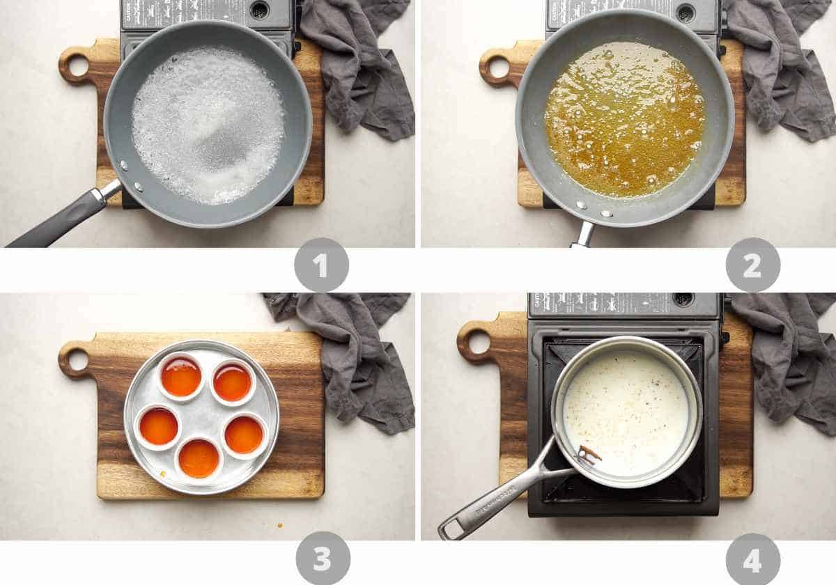 Step by step picture collage showing how to make Caramel Custard