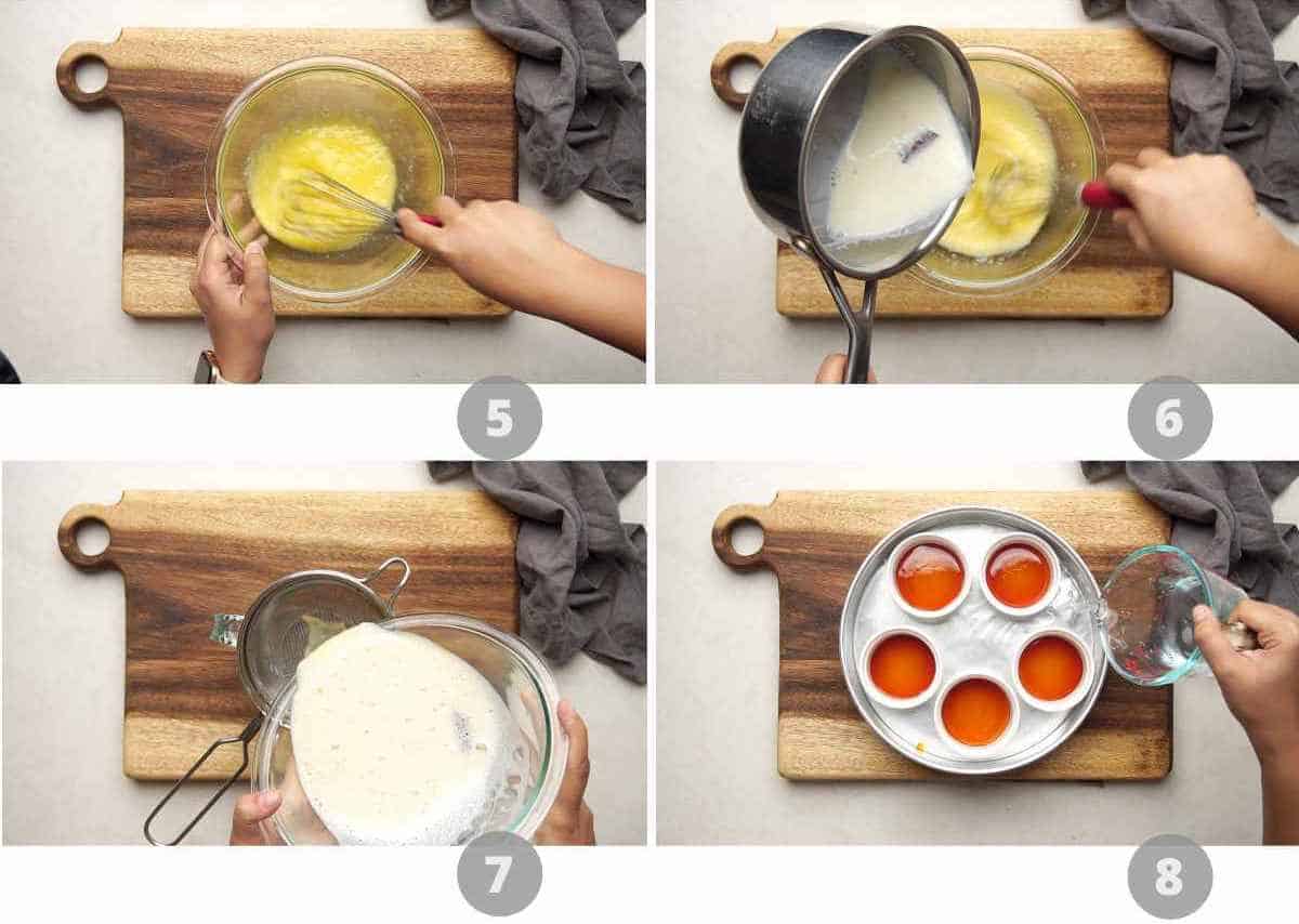 Step by step picture collage showing how to make Caramel Custard