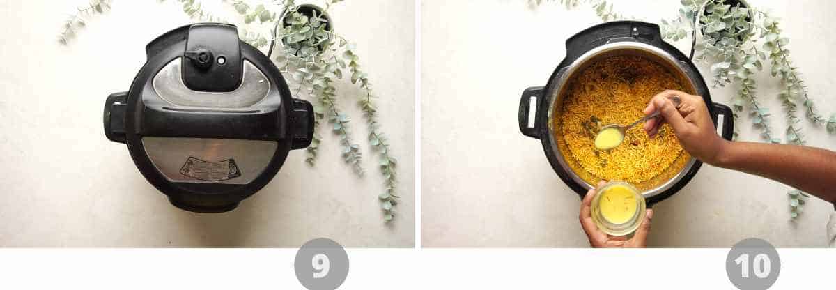 Step by step picture collage showing how to make instant pot chicken biryani