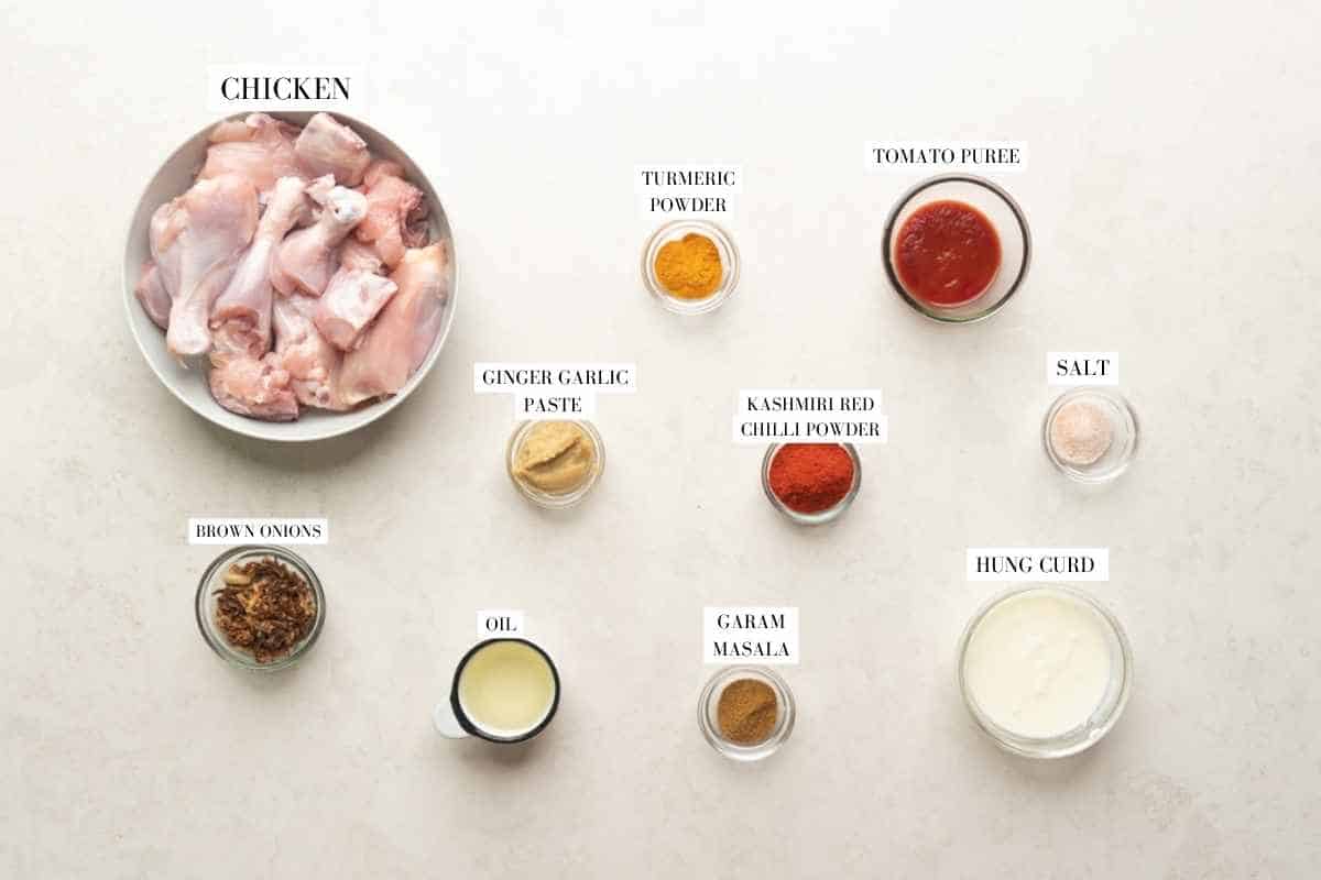 Picture of all the ingredients forInstant Pot Chicken Biryani with text to identify them