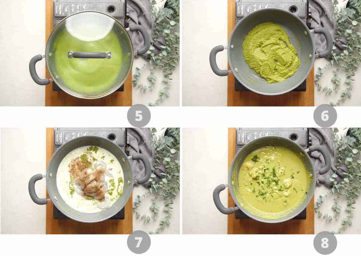 step by step image collage showing how to make prawn green curry