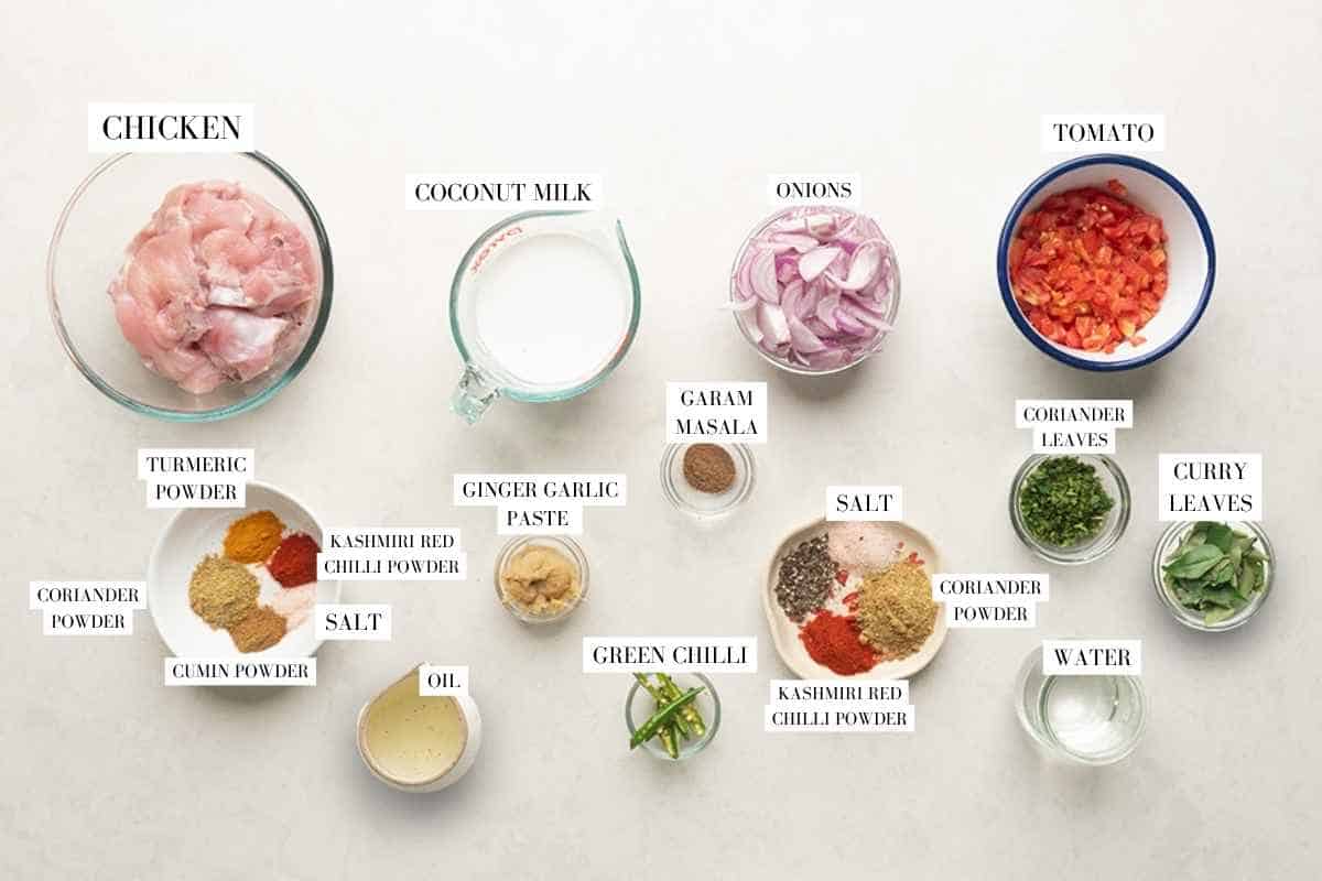 Picture of all the ingredients for Instant Pot Coconut Chicken Curr with text to identify them