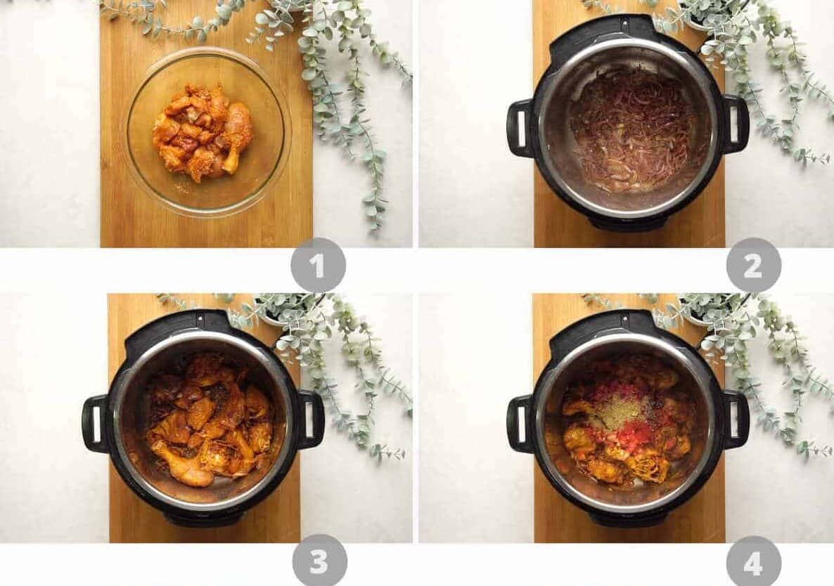 Step by step picture collage showing how to make instant pot Coconut Chicken Curry