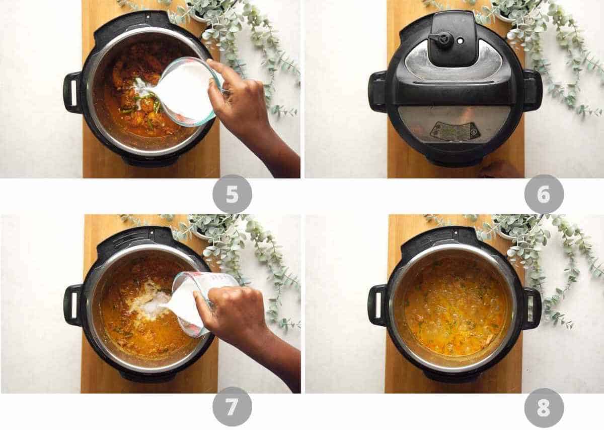 Step by step picture collage showing how to make instant pot Coconut Chicken Curry