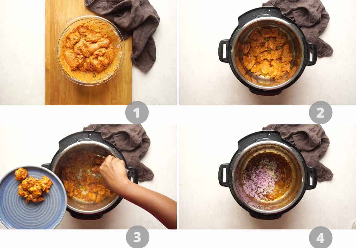 step by step image collage showing how to make chicken tikka masala in an instant pot