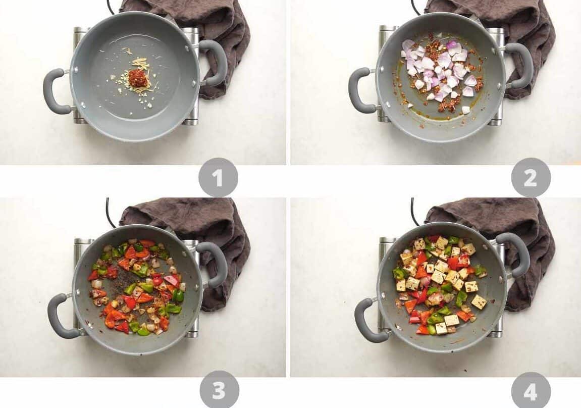 step by step image collage showing how to make sweet chili tofu stir fry