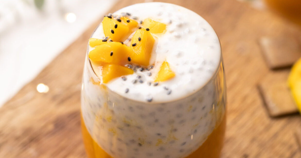 The Mango Chia seed breakfast drink served in a glass.