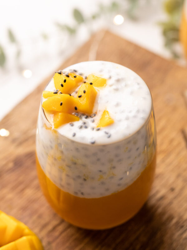The Mango Chia seed breakfast drink served in a glass.
