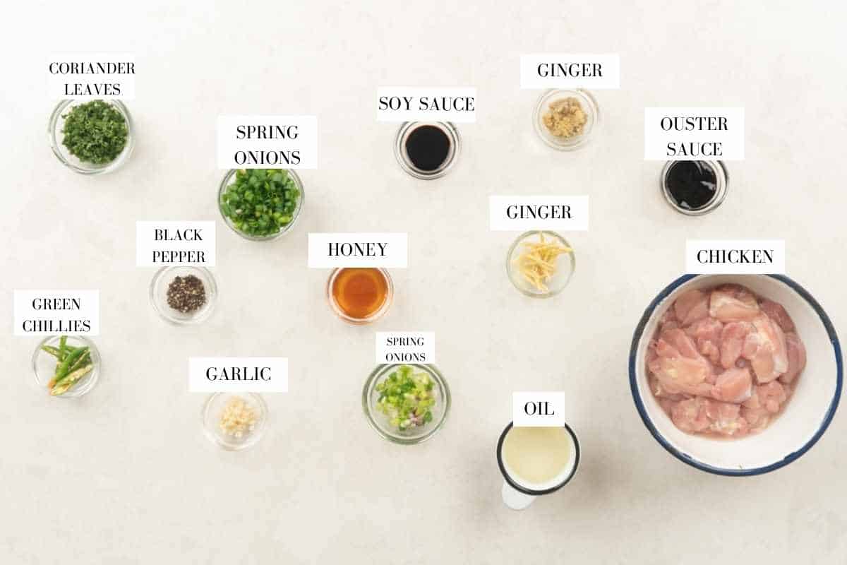 Picture of all the ingredients for Ginger Chicken with text to identify them