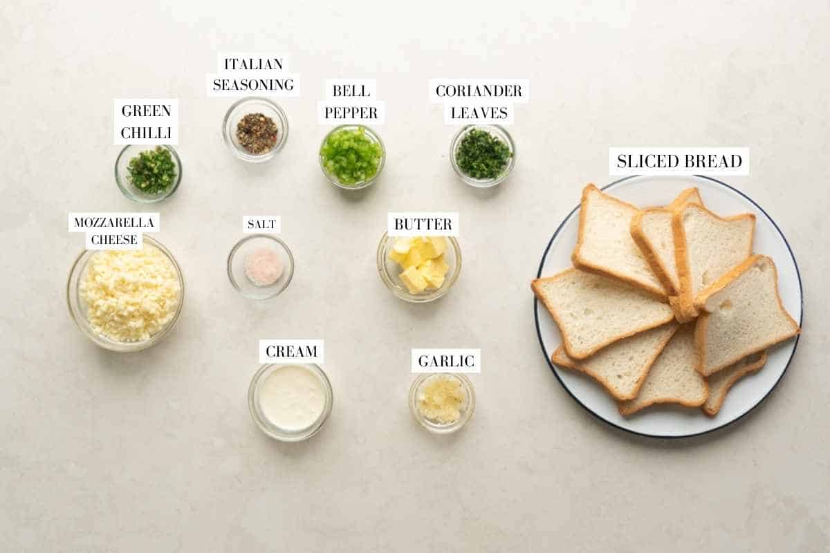 Picture of all the ingredients for Chilli Cheese Garlic Bread with text to identify them