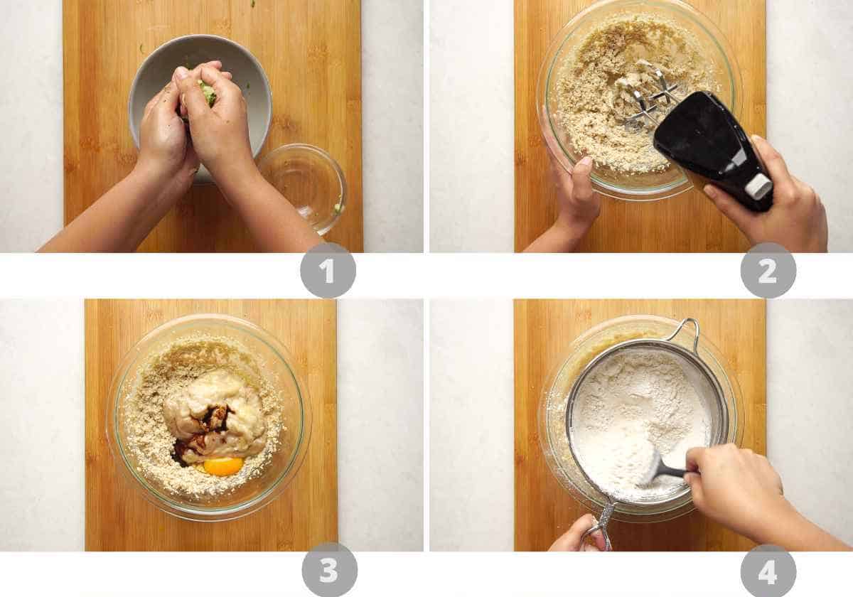 Step by step picture collage showing how to make green banana muffins