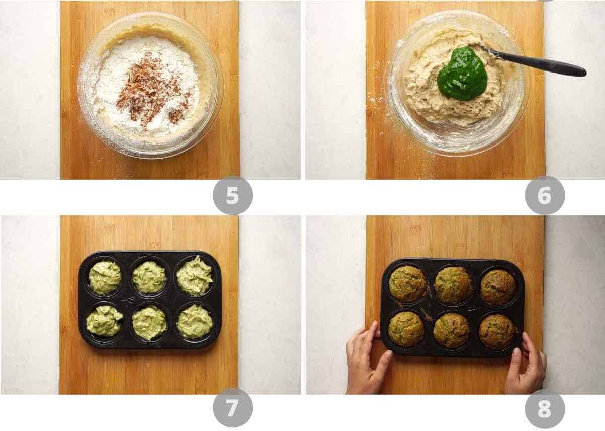 Step by step picture collage showing how to make green banana muffins