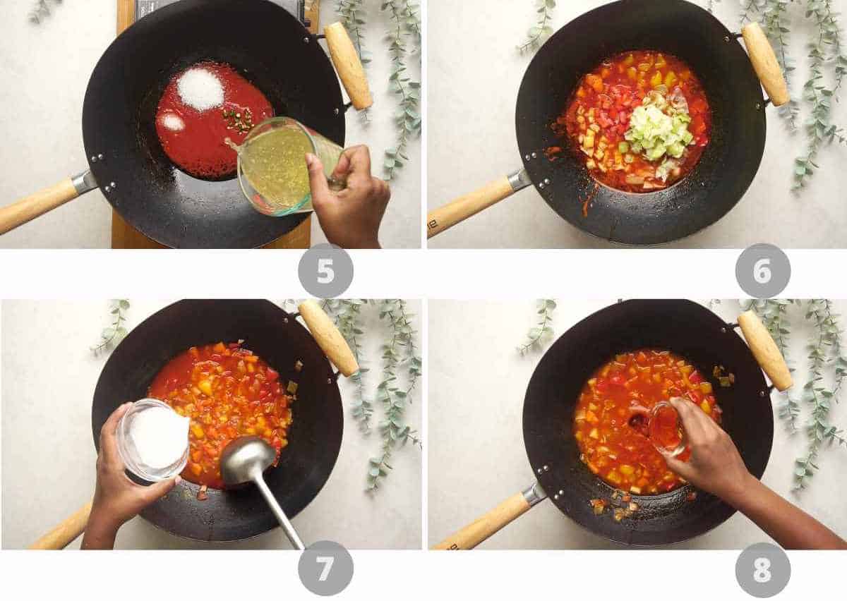 Step by step picture collage showing how to make sweet and sour vegetable stir fry